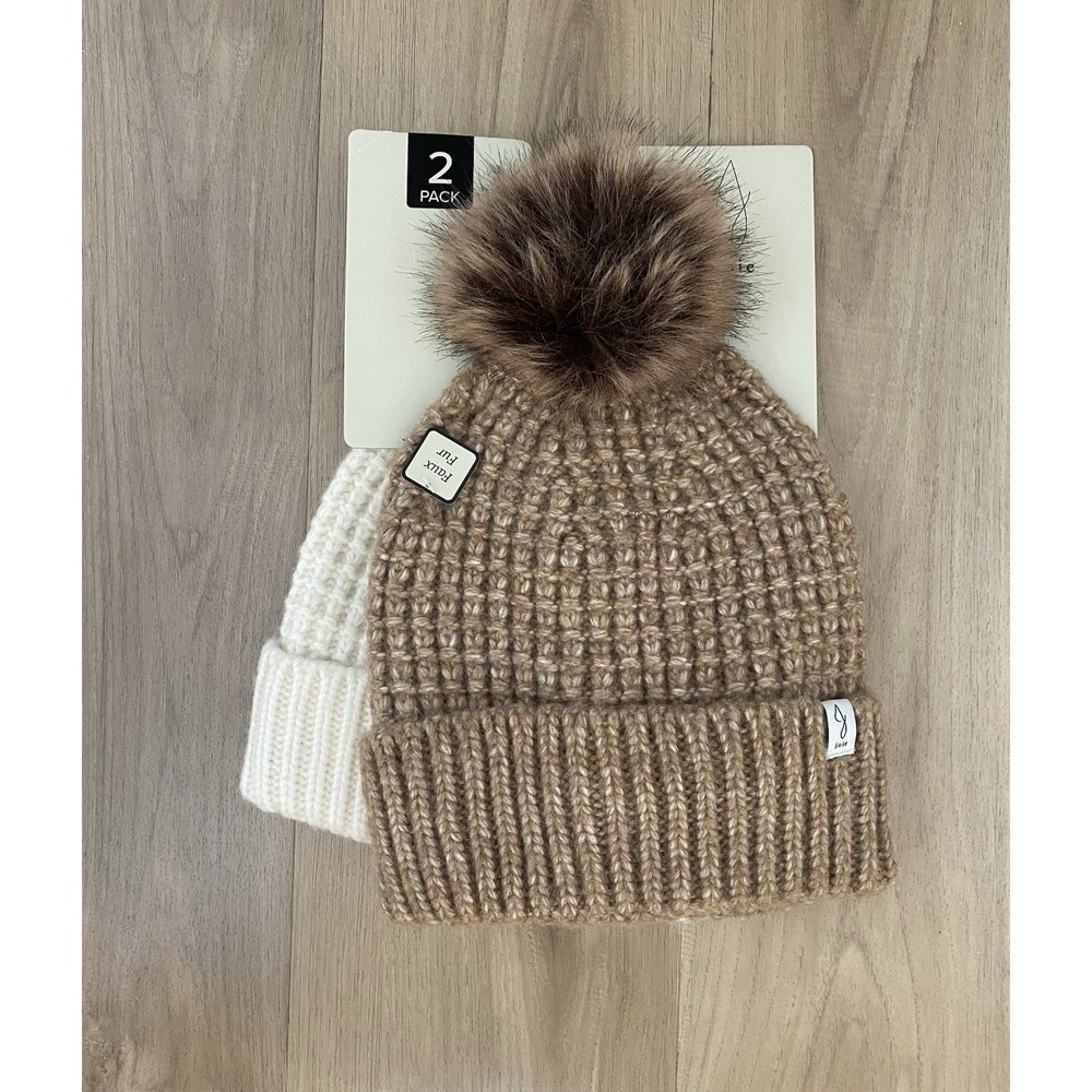 JOIE Women's Beanies (2) Knit Ribbed Pom Pom Roll‎ Cuff